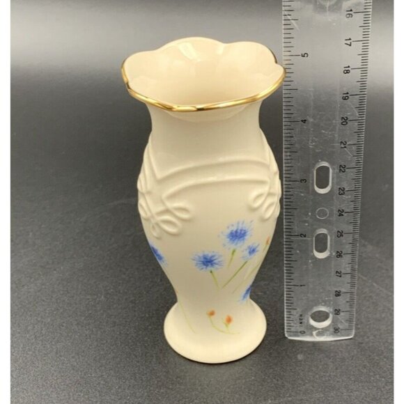 Lenox Bud Vase Holder Floral Ivory Gold Trim Blue Spring Flowers 5" Tall - Picture 8 of 8
